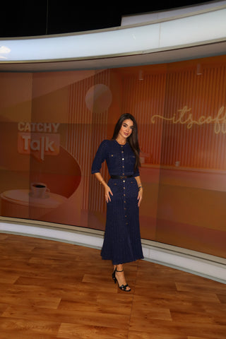 Shimmer Knit Mid-Long Dress with Three-Quarter Sleeves and Front Buttons