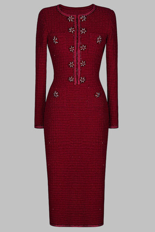 Embellished Tweed Long Sleeve Midi Dress with Jewel Buttons
