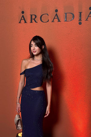 Luxe One-Shoulder Long Mesh Crystal Dress