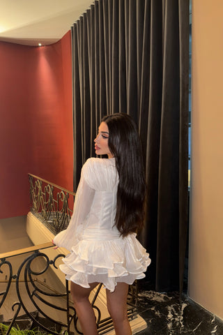 V-Neck Puff Long Sleeve Mini Dress with Corset Waist and Ruffle Skirt
