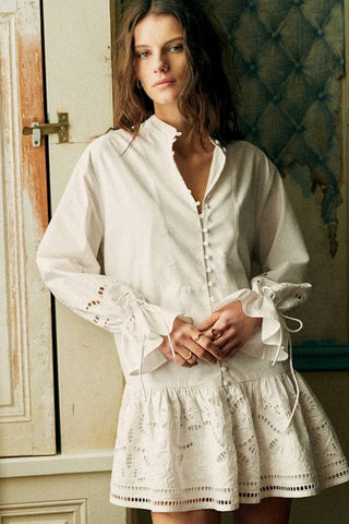 Embroidered Tie-Waist Ruffle Long Sleeve Mini Dress