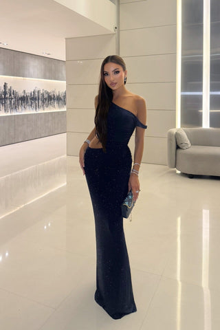 Luxe One-Shoulder Long Mesh Crystal Dress
