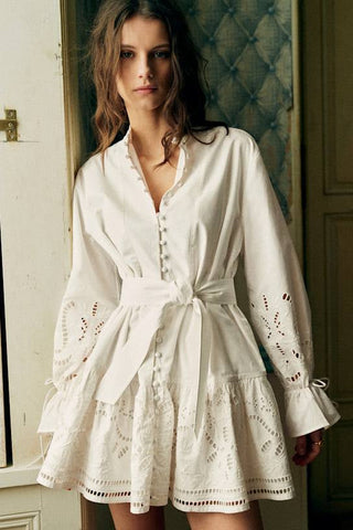 Embroidered Tie-Waist Ruffle Long Sleeve Mini Dress