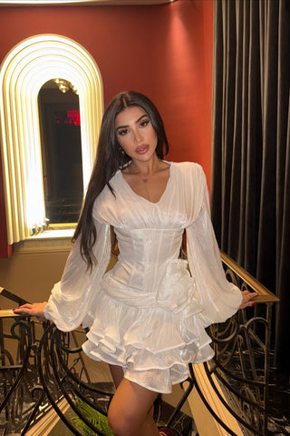 V-Neck Puff Long Sleeve Mini Dress with Corset Waist and Ruffle Skirt