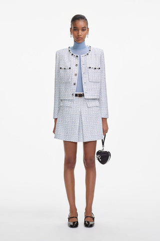 Embellished Collar Tweed Jacket – Long Sleeve, Pearl & Crystal Trim
