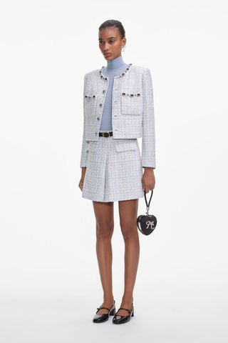 Embellished Collar Tweed Jacket – Long Sleeve, Pearl & Crystal Trim