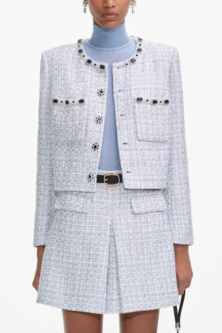Embellished Collar Tweed Jacket – Long Sleeve, Pearl & Crystal Trim