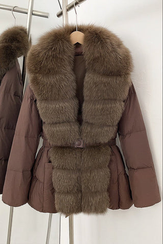 Belted Puffer Jacket with Faux Fox Fur Collar and Front Panel