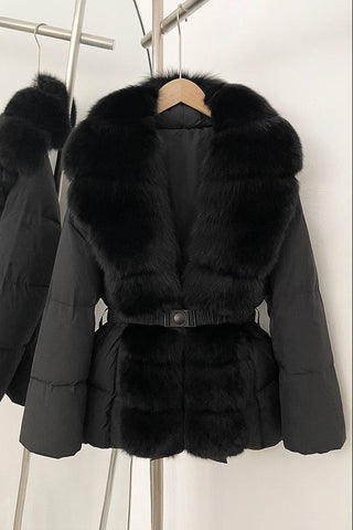 Belted Puffer Jacket with Faux Fox Fur Collar and Front Panel