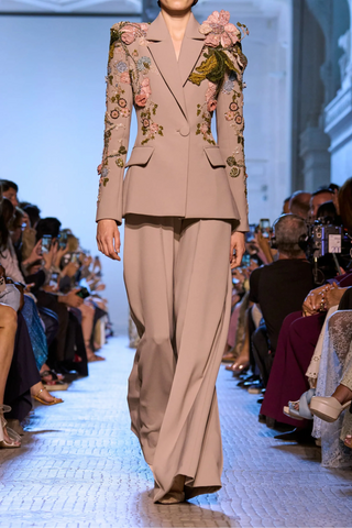Floral Embroidered Tailored Blazer and Wide-Leg Pants Set – Long Sleeve Formal Suit