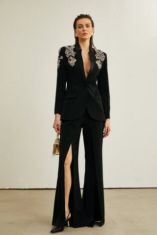 Crystal Embellished Tailored Blazer and Wide-Leg Pants Set – Long Sleeve Formal Suit
