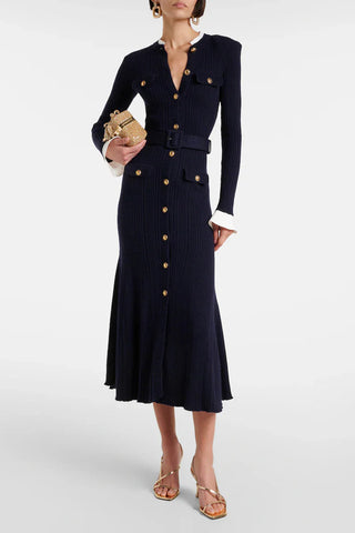 Long Sleeve Ribbed Knit Button-Down Midi Dress with Belt and Contrast Cuffs