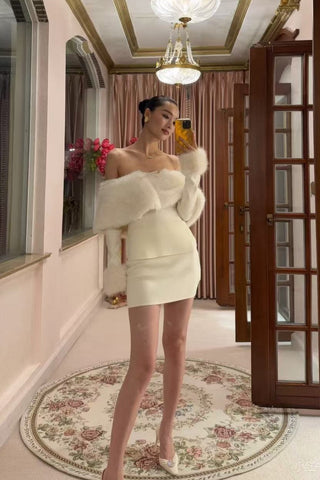 Faux Fur Off-Shoulder Top & Mini Skirt Two-Piece Set