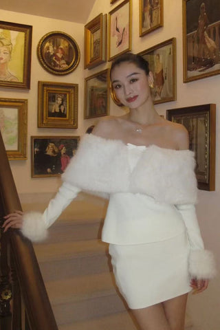 Faux Fur Off-Shoulder Top & Mini Skirt Two-Piece Set
