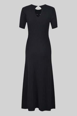 Half-Sleeve Knit Midi Dress with Curved Button Detailing