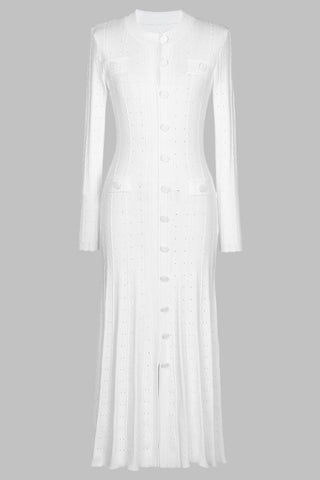 Long Sleeve Knitted Midi-Long Button Dress with Pocket Detail
