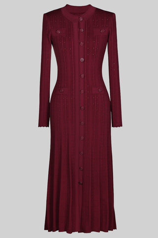 Long Sleeve Knitted Midi-Long Button Dress with Pocket Detail