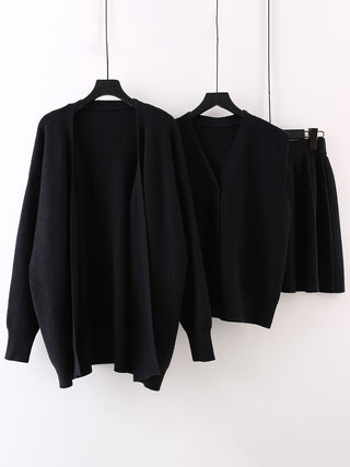 Ribbed 3 Piece Knit Set with Cardigan, Buttoned Knit Top and Pleated Skirt