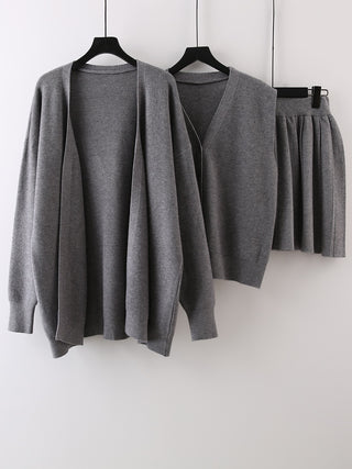 Ribbed 3 Piece Knit Set with Cardigan, Buttoned Knit Top and Pleated Skirt