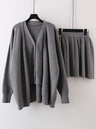 Ribbed 3 Piece Knit Set with Cardigan, Buttoned Knit Top and Pleated Skirt