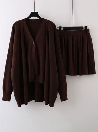 Ribbed 3 Piece Knit Set with Cardigan, Buttoned Knit Top and Pleated Skirt