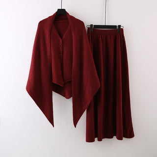 3 Piece Knit Set with Shawl, Buttoned Knit Top and Long Skirt