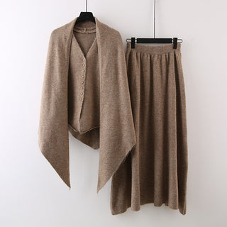 3 Piece Knit Set with Shawl, Buttoned Knit Top and Long Skirt