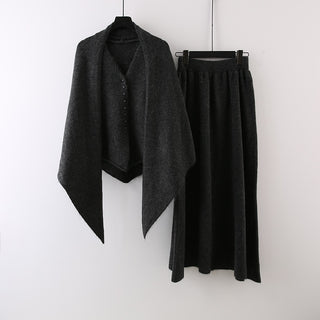 3 Piece Knit Set with Shawl, Buttoned Knit Top and Long Skirt