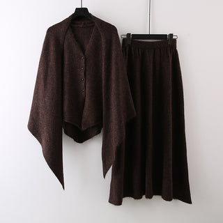 3 Piece Knit Set with Shawl, Buttoned Knit Top and Long Skirt