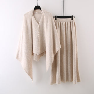 3 Piece Knit Set with Shawl, Buttoned Knit Top and Long Skirt