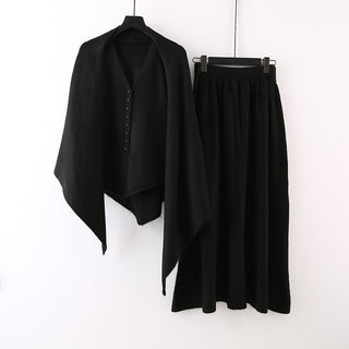 3 Piece Knit Set with Shawl, Buttoned Knit Top and Long Skirt