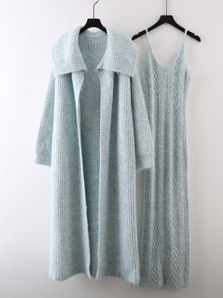 2 Piece Knit Set with Long Cardigan and Spaghetti Strap Maxi Dress