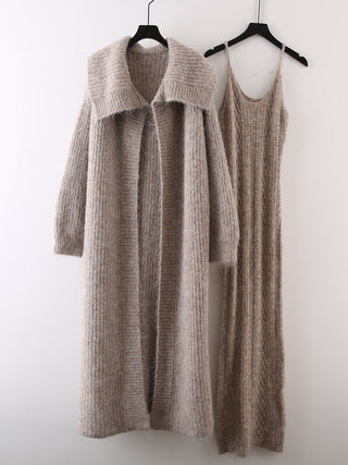2 Piece Knit Set with Long Cardigan and Spaghetti Strap Maxi Dress