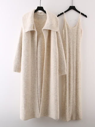 2 Piece Knit Set with Long Cardigan and Spaghetti Strap Maxi Dress
