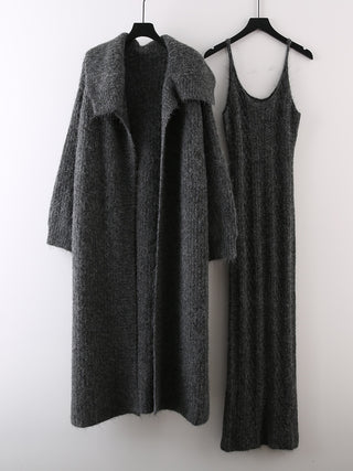 2 Piece Knit Set with Long Cardigan and Spaghetti Strap Maxi Dress