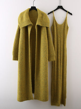 2 Piece Knit Set with Long Cardigan and Spaghetti Strap Maxi Dress
