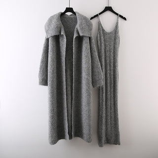 2 Piece Knit Set with Long Cardigan and Spaghetti Strap Maxi Dress
