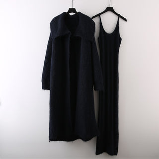 2 Piece Knit Set with Long Cardigan and Spaghetti Strap Maxi Dress