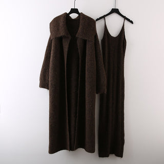 2 Piece Knit Set with Long Cardigan and Spaghetti Strap Maxi Dress