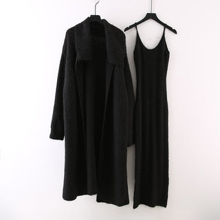 2 Piece Knit Set with Long Cardigan and Spaghetti Strap Maxi Dress