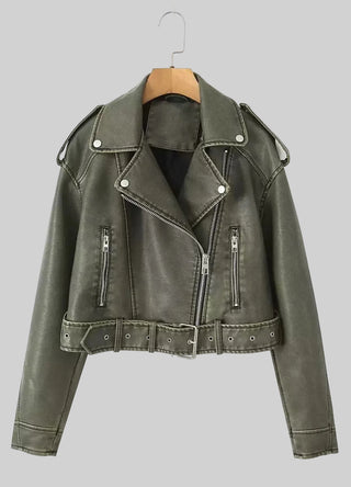 Retro Cropped Leather Jacket with Belt