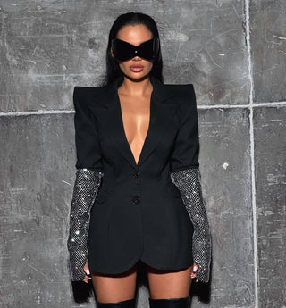 Black Blazer with Long Crystal Mesh Sleeves