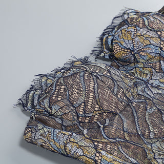 Elegant Black Lace Strapless Corset Long Dress with Sheer Fishtail Skirt and Matching Opera Gloves