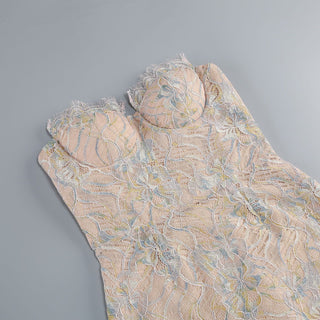 Elegant Black Lace Strapless Corset Long Dress with Sheer Fishtail Skirt and Matching Opera Gloves