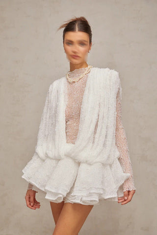 Sleeveless Ruffled Lace Mini Dress with V Neck See Through Top and Inner Shorts