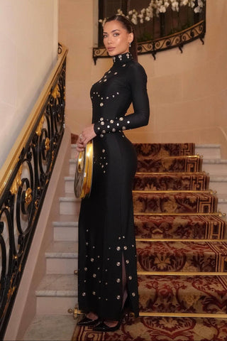 High Neck Long Sleeve Long Dress with Metal Stud Embellishments