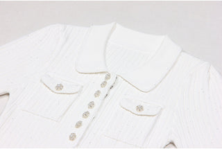 Short Sleeve Knitted Mini Dress with Collar and Pearl Button Pockets