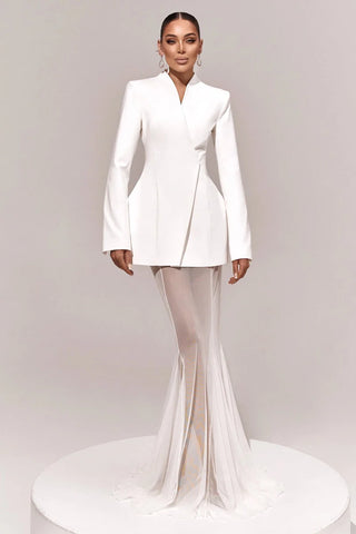 Long-Sleeve Structured Crepe Blazer & Pleated Mesh Skirt Set – Tailored Design