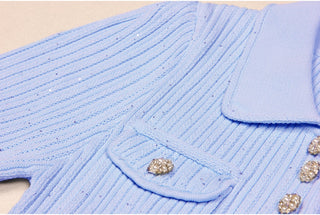 Short Sleeve Knitted Mini Dress with Collar and Pearl Button Pockets