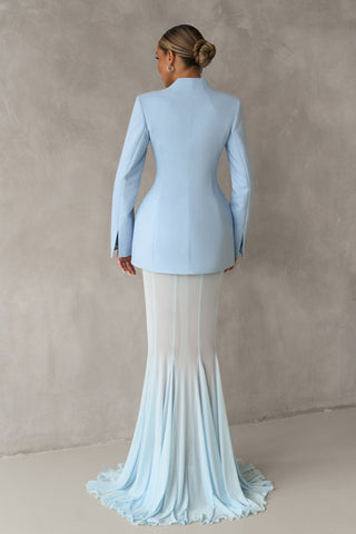 Long-Sleeve Structured Crepe Blazer & Pleated Mesh Skirt Set – Tailored Design